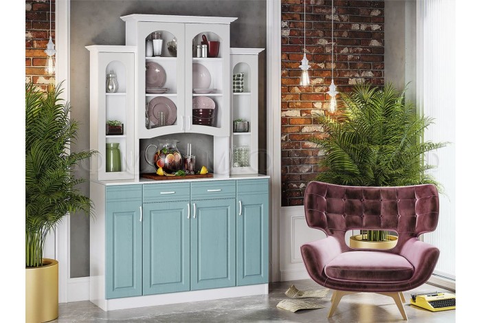 Буфет Констанция 4-х створчатый голубой - белый матовый
