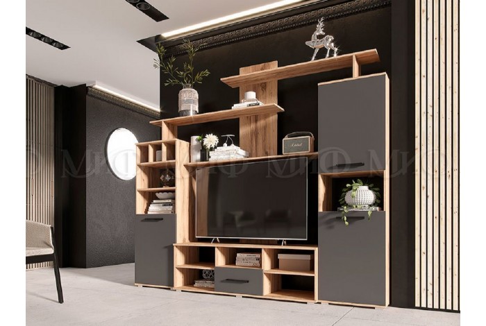 Гостиная Мини-2 графит - дуб крафт золотой