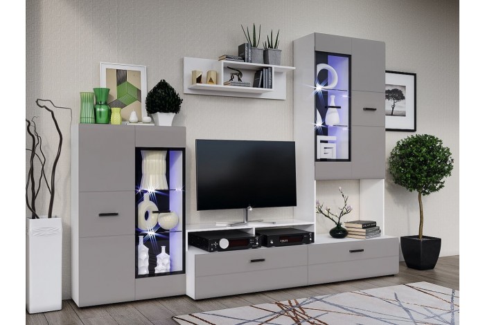 Гостиная Нэнси-3 с подсветкой белый - браш текстура грей