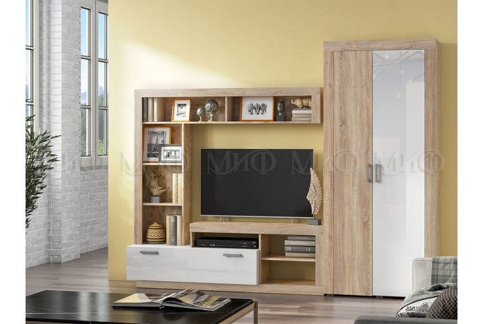 Гостиная Ангара со шкафом дуб сонома - белый глянец