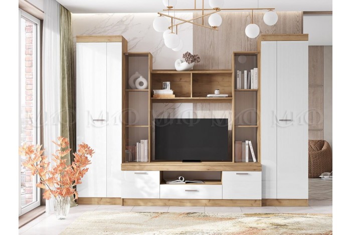 Гостиная Атлантида-6 дуб крафт золотой - белый глянец