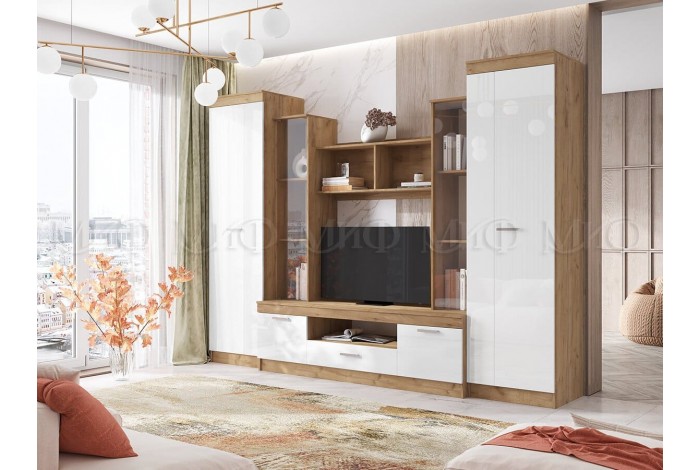 Гостиная Атлантида-6 дуб крафт золотой - белый глянец