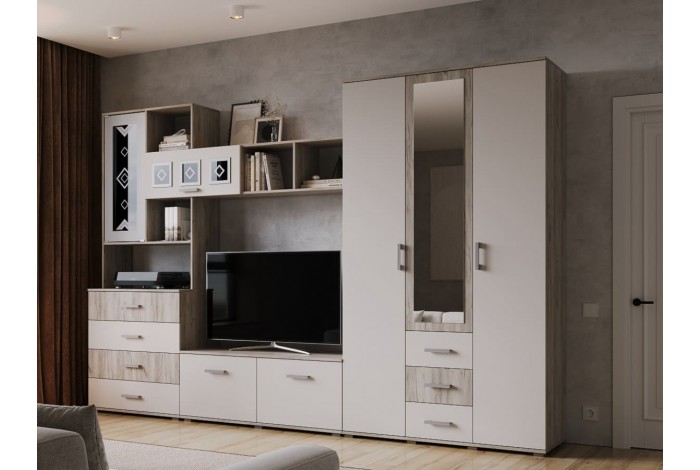 Гостиная Белла с 3-х створчатым шкафом дуб крафт серый - кашемир