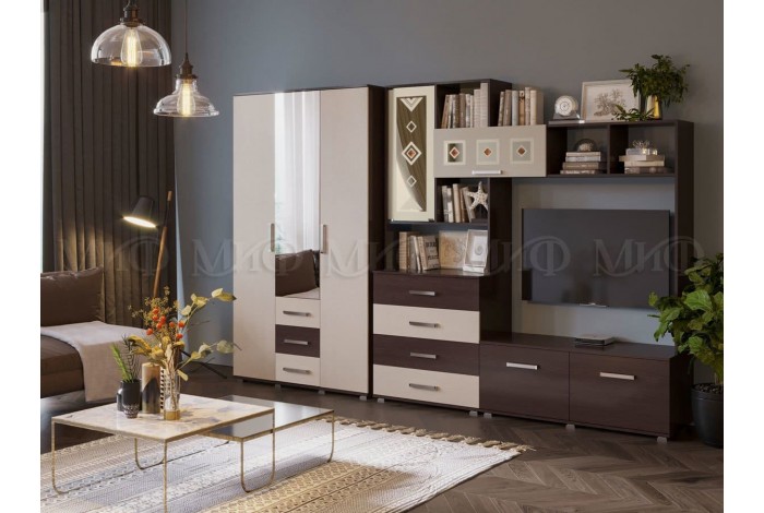 Гостиная Белла с 3-х створчатым шкафом дуб беленый - венге