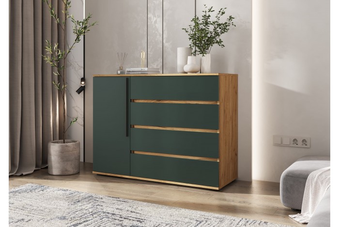 Комод Норд 1 дверь 4 ящика дуб крафт золотой - изумруд