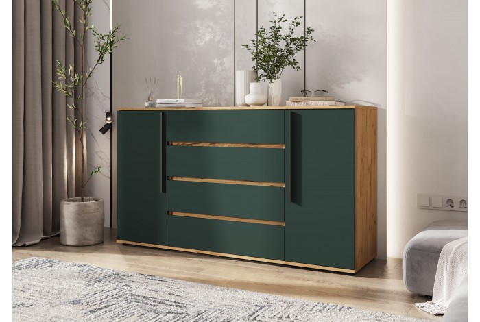 Комод Норд 2 двери 4 ящика 1600 дуб крафт золотой - изумруд