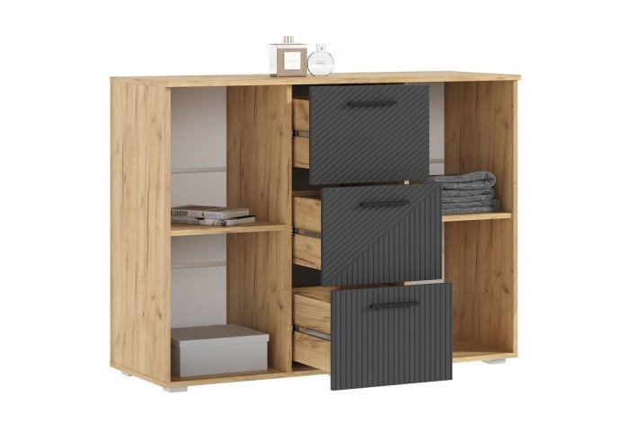 Комод Сильвия 3 ящика 2 двери Браш Графит - Дуб Крафт