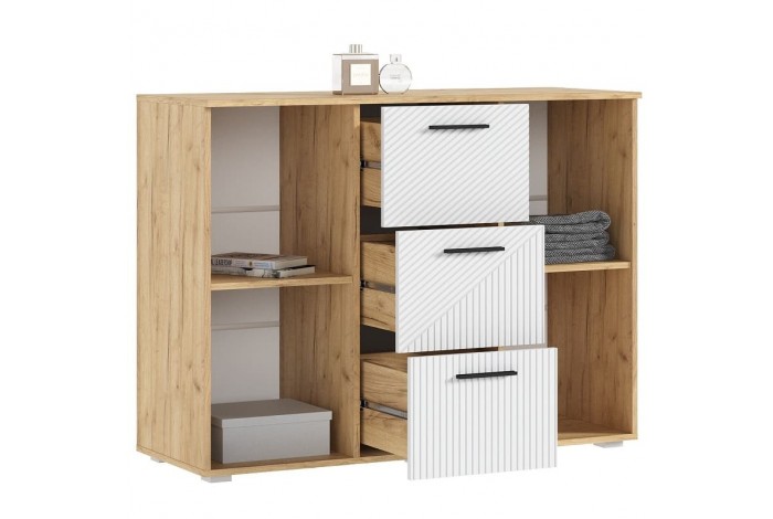 Комод Сильвия 3 ящика 2 двери Браш Вайт - Дуб Крафт