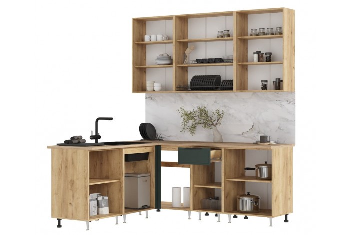 Кухня угловая Николь 1,8х2,0/900 м Дуб Крафт Золотой - Браш Мени Грин