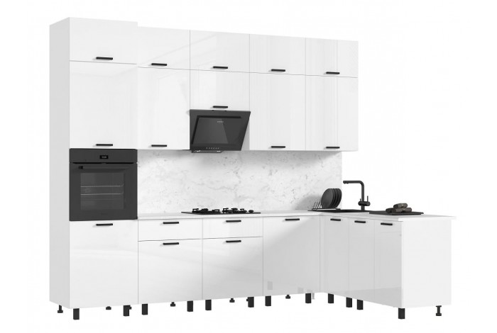 Кухня угловая Техно комплект №6 1,8х3,0 м ВТ белый - белый глянец