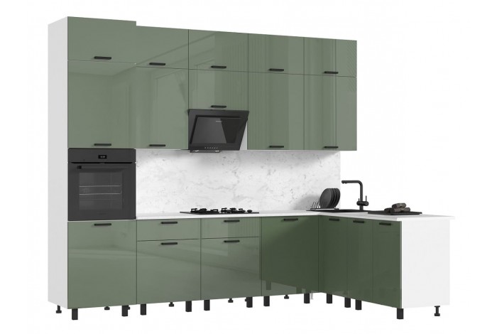 Кухня угловая Техно комплект №6 1,8х3,0 м ВТ белый - олива глянец