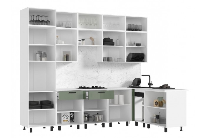 Кухня угловая Техно комплект №6 1,8х3,0 м ВТ белый - олива глянец