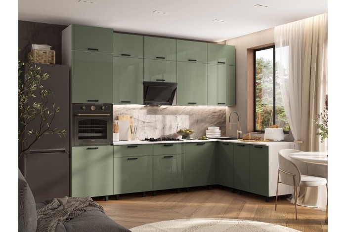 Кухня угловая Техно комплект №6 1,8х3,0 м ВТ белый - олива глянец