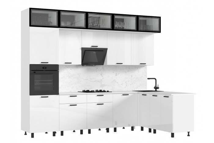 Кухня угловая Техно комплект №8 1,8х3,0 м ВТ белый - белый глянец