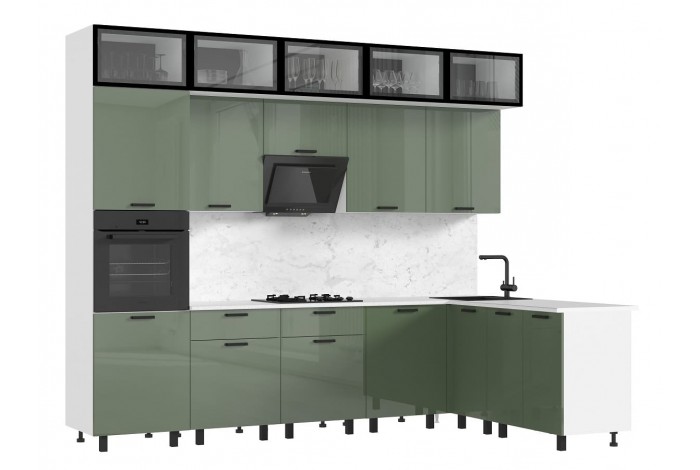 Кухня угловая Техно комплект №8 1,8х3,0 м ВТ белый - олива глянец