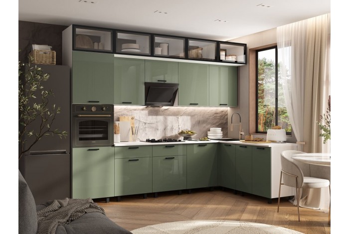 Кухня угловая Техно комплект №8 1,8х3,0 м ВТ белый - олива глянец