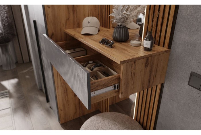 Тумба Марвэл с зеркалом в прихожую Мальта Грей - Дуб Крафт Золотой