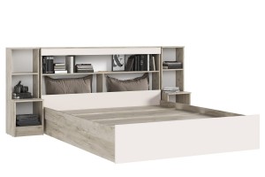 Кровать "Бася 1,6" с надстройкой и тумбами (дуб крафт серый - кашемир)