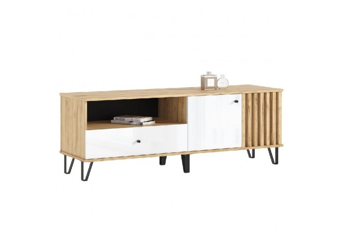 Тумба под ТВ Роджина 1500 Дуб Крафт золотой - Белый глянец