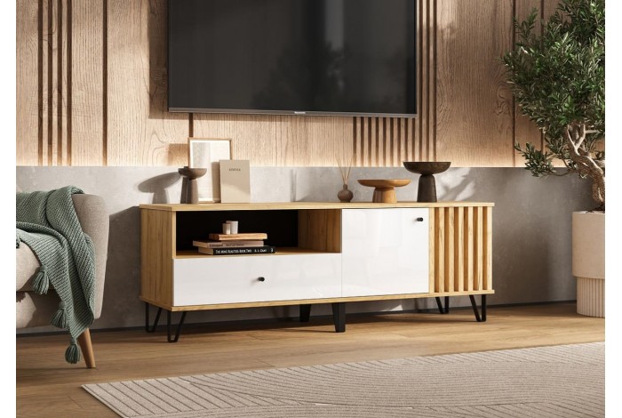 Тумба под ТВ Роджина 1500 Дуб Крафт золотой - Белый глянец