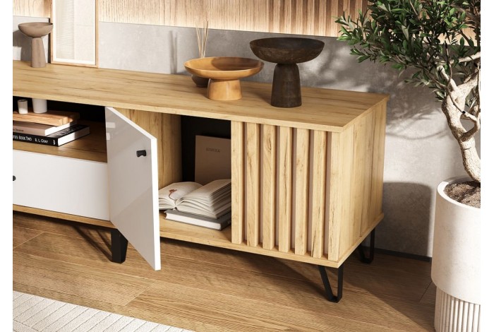 Тумба под ТВ Роджина 1500 Дуб Крафт золотой - Белый глянец