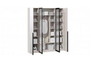 Шкаф для одежды Порто (580) с 2 зеркальными и 2 стеклянными дверями Кашемир матовый, Графит, Стекло сатин черное