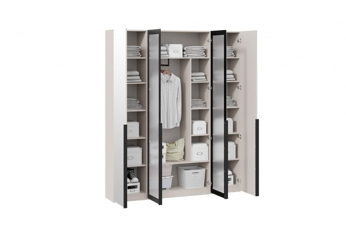 Шкаф для одежды «Порто» (580) с 2 зеркальными и 2 стеклянными дверями - СМ-393.07.115 Кашемир матовый, Графит, Стекло сатин черное