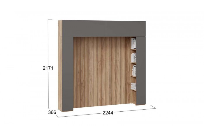 Шкаф навесной Порто (366) со стеллажами и декоративными панелями - СМ-393.21.022-23 Яблоня Беллуно, Графит софт
