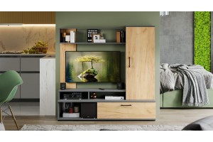 Стенка Сиена Графит Серый, Дуб Крафт золотой