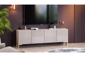 Тумба ТВ Танго Тип 1 с опорами Золото розовое, Глиняно серый, Холст латте