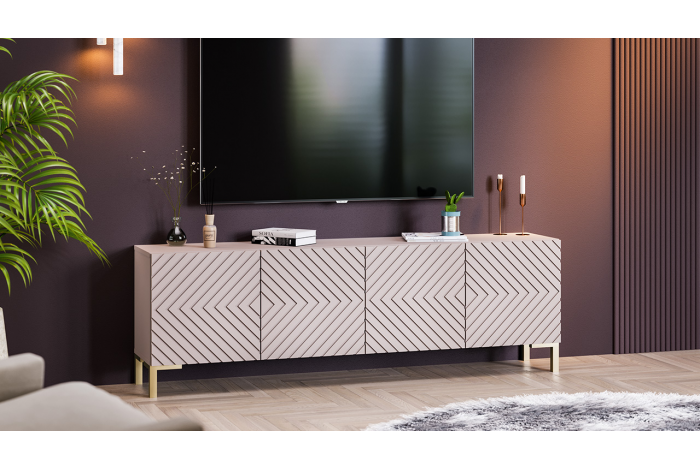 Тумба ТВ «Танго» Тип 1 с опорами Золото розовое, Глиняно серый, Холст латте