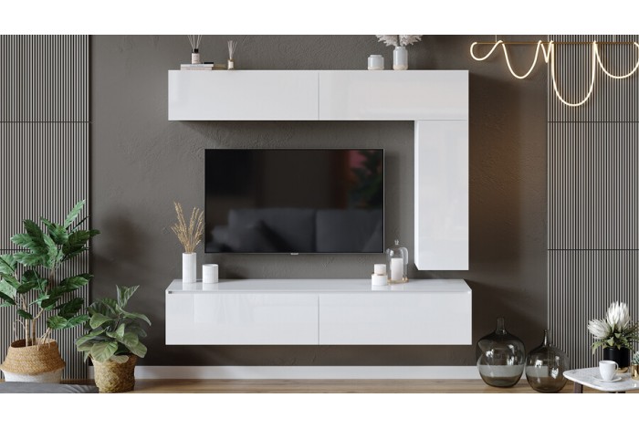 Модульная гостиная «Глосс» Яблоня Беллуно, Белый глянец, Стекло Белый глянец