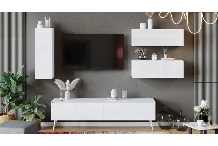 Модульная гостиная «Глосс» Яблоня Беллуно, Белый глянец, Стекло Белый глянец