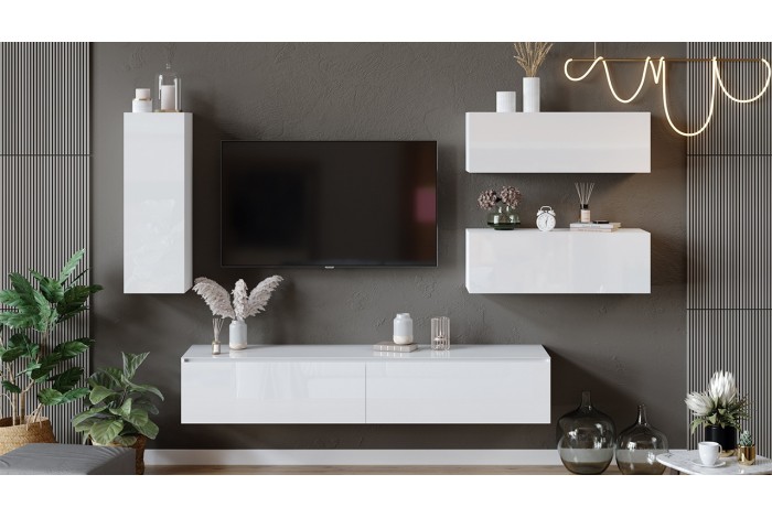 Модульная гостиная «Глосс» Яблоня Беллуно, Белый глянец, Стекло Белый глянец