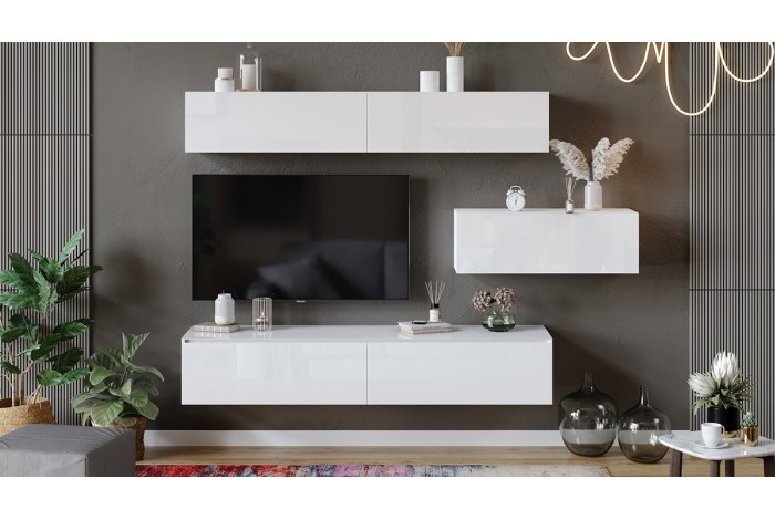 Модульная гостиная «Глосс» Яблоня Беллуно, Белый глянец, Стекло Белый глянец