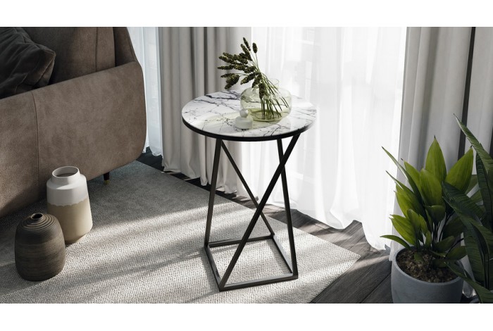 Стол журнальный ДП 1-03-05 исп. 2 Черный, Стекло Мрамор белый