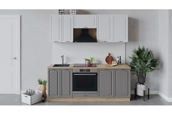 Кухонный гарнитур «Бьянка» длиной 200 см со шкафом НБ Дуб Крафт золотой, Дуб белый, Дуб серый