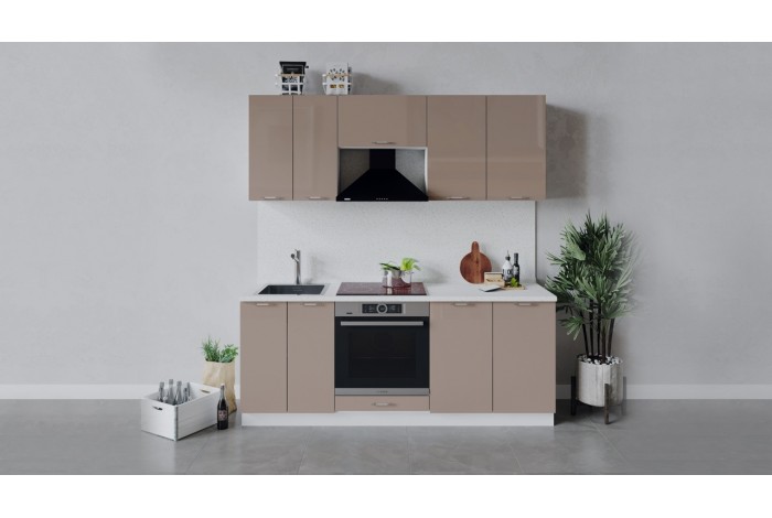 Кухонный гарнитур «Весна» длиной 200 см со шкафом НБ Белый, Кофе с молоком