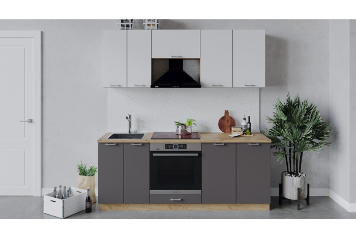 Кухонный гарнитур «Габриэлла» длиной 200 см со шкафом НБ Дуб Крафт золотой, Сноу, Муссон