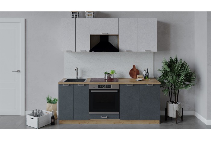 Кухонный гарнитур «Гранита» длиной 200 см со шкафом НБ Дуб Крафт золотой, Бетон снежный, Бетон графит