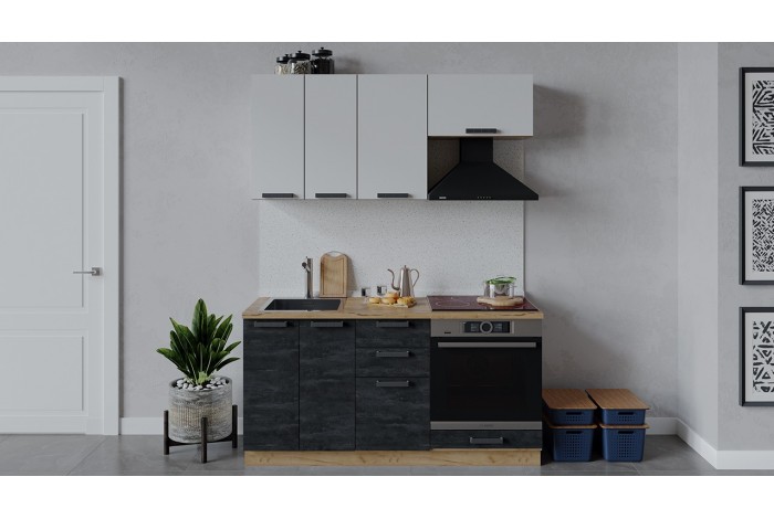 Кухонный гарнитур «Детройт» длиной 160 см со шкафом НБ Дуб Крафт золотой, Белый глянец, Угольный Камень