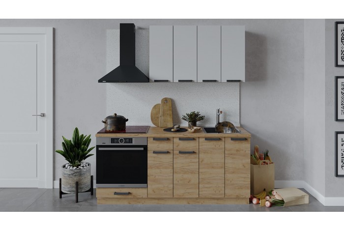 Кухонный гарнитур «Детройт» длиной 180 см со шкафом НБ Дуб Крафт золотой, Белый глянец