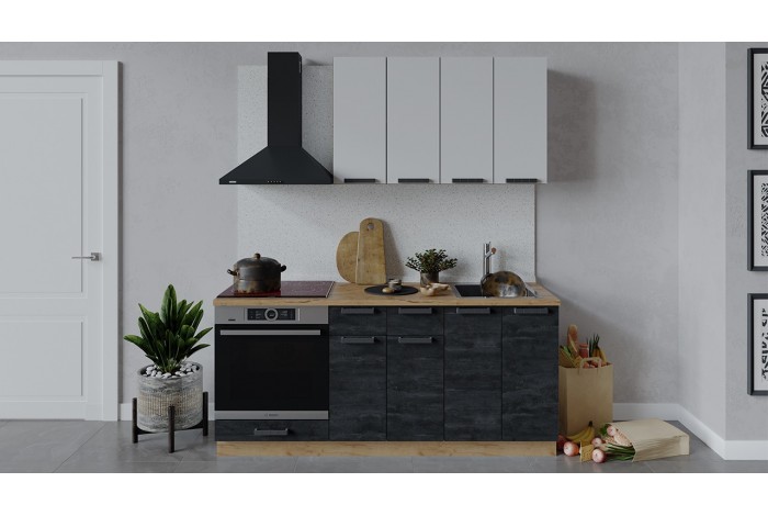 Кухонный гарнитур «Детройт» длиной 180 см со шкафом НБ Дуб Крафт золотой, Белый глянец, Угольный Камень