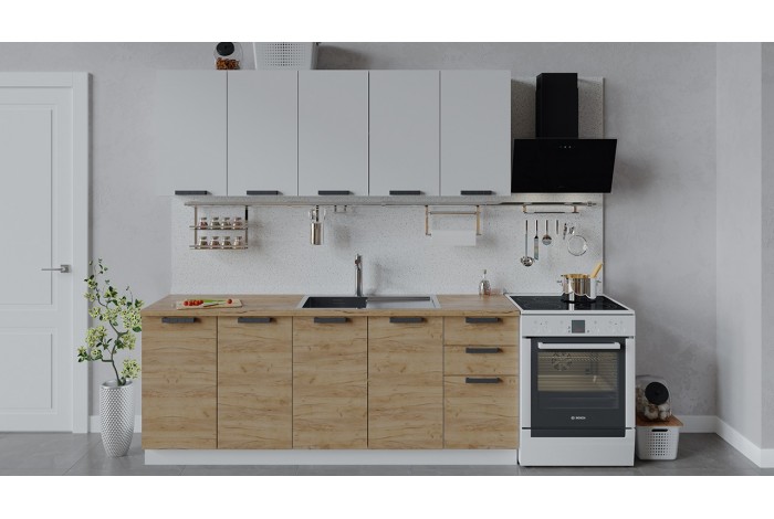 Кухонный гарнитур «Детройт» длиной 200 см Белый, Белый глянец, Дуб Крафт золотой