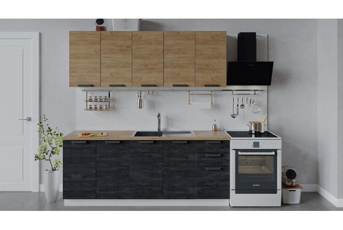 Кухонный гарнитур «Детройт» длиной 200 см Белый, Дуб Крафт золотой, Угольный Камень