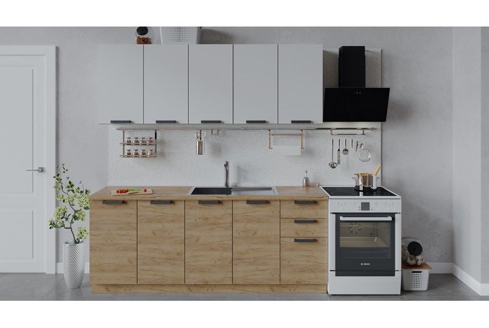 Кухонный гарнитур «Детройт» длиной 200 см Дуб Крафт золотой, Белый глянец