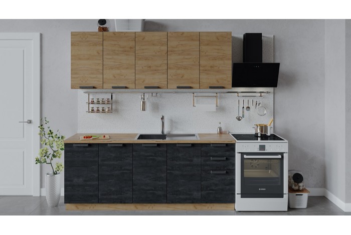 Кухонный гарнитур «Детройт» длиной 200 см Дуб Крафт золотой, Угольный Камень