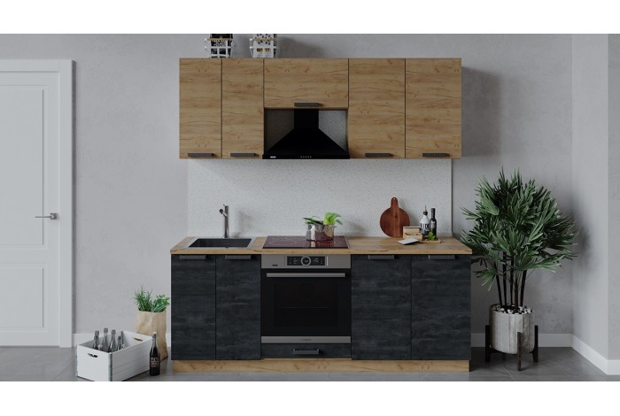 Кухонный гарнитур «Детройт» длиной 200 см со шкафом НБ Дуб Крафт золотой, Угольный Камень