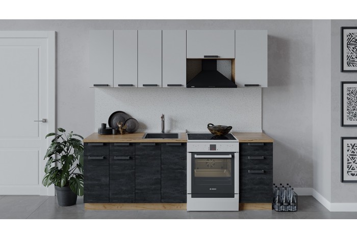 Кухонный гарнитур «Детройт» длиной 220 (160) см Дуб Крафт золотой, Белый глянец, Угольный Камень