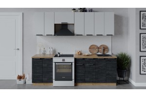 Кухонный гарнитур Детройт длиной 240 (180) см Дуб Крафт золотой, Белый глянец, Угольный Камень